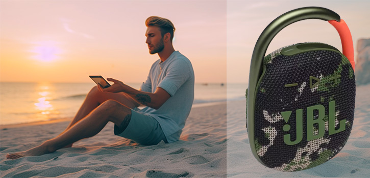 Avec la JBL Clip 4, écoutez votre musique préférée sur la plage en toute simplicité